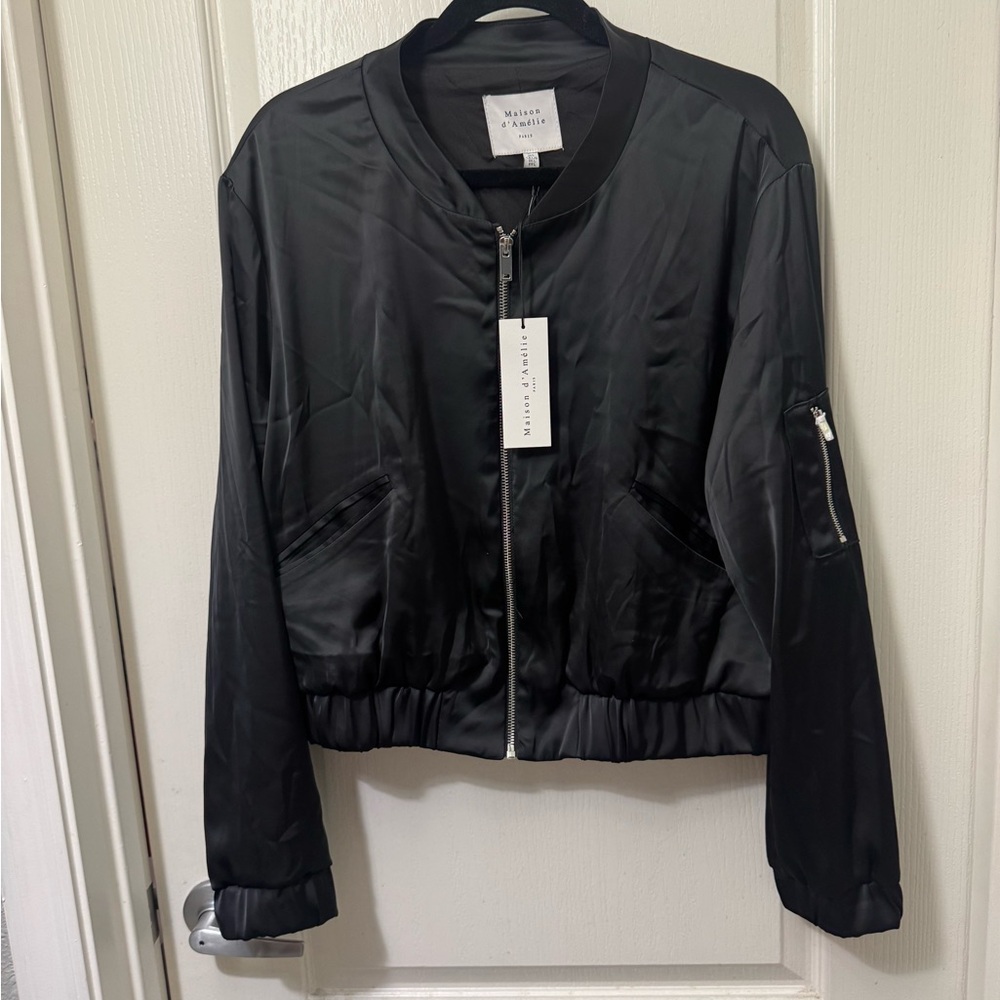 Maison de Avelie Satin Bomber Jacket in Black
